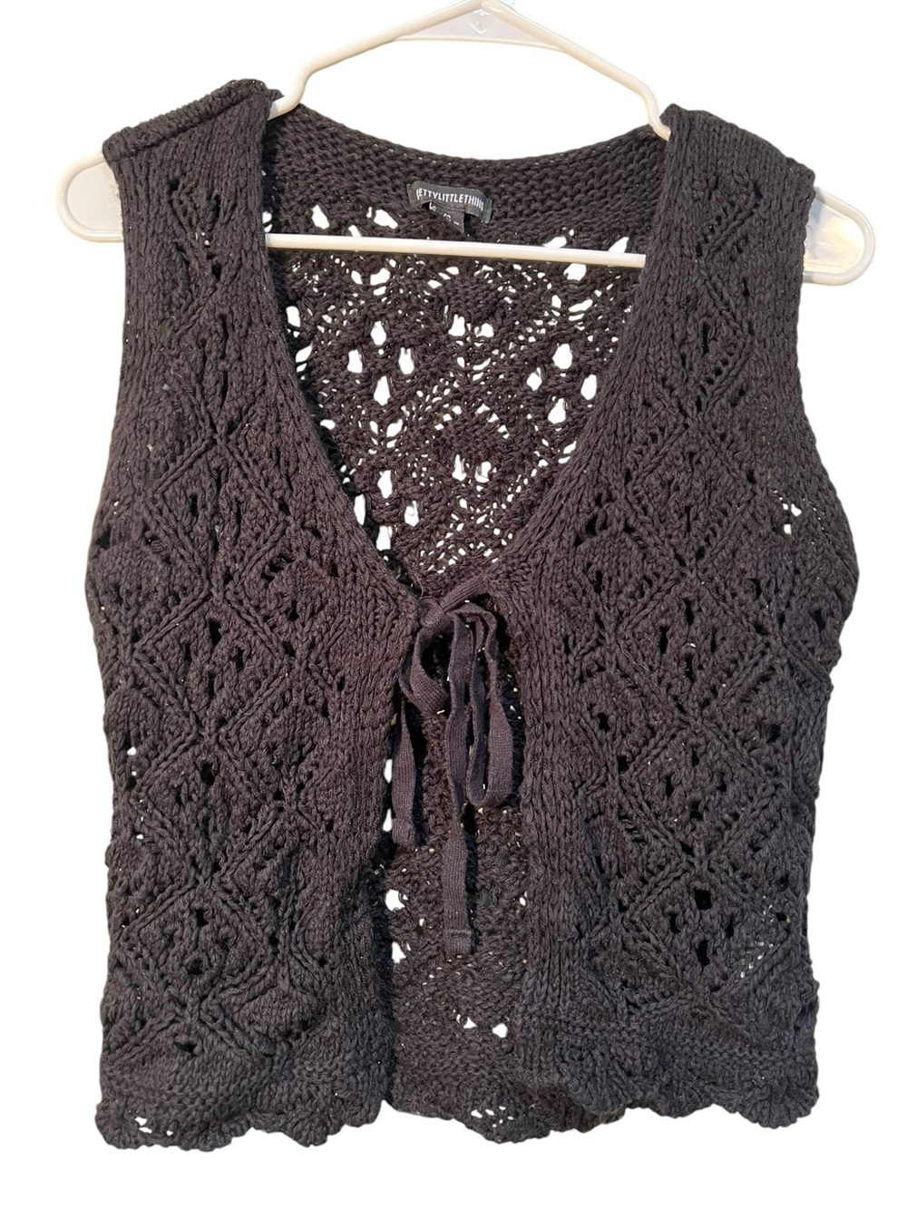 Pretty Little Thing Women's Sz Medium Tie Front Crochet Vest Black Festival Boho
